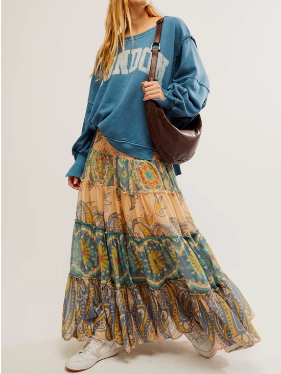 Free People Dresses & Skirts - Free People Floral Paisley Tiered Maxi Skirt in Green, Tan & Blue size L
